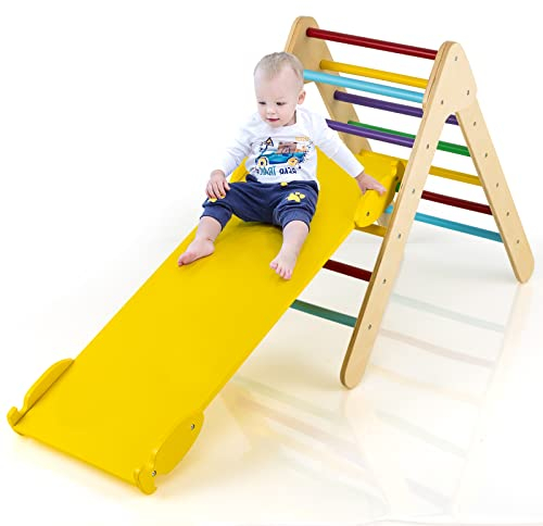 GOPLUS Dreieckige Kletterleiter mit Rampe, Kletterdreieck mit 2 in 1 Wenderampe, Klettergerüst für Kleinkinder zum Klettern und Rutschen, Kinderspielplatz für Kinderzimmer, Kindergarten (Gelb)