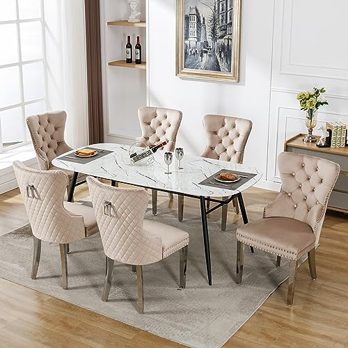 Merax Esszimmerstuhl 6er Set, Moderne Polsterstuhl mit hoher Rückenlehne und Nagelkopfbesatz, bequemer Wohnzimmerstuhl aus Samt, Stützbeine aus Metall, für Arbeitszimmer, Küche, Schlafzimmer, Beige