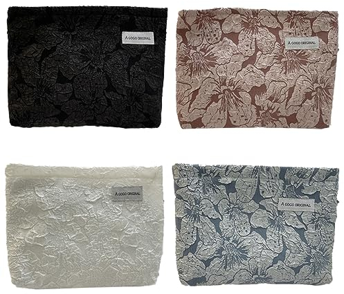 4 Stück Leinwand Make Up Tasche Set Select Zone Dreidimensionale Blumen Schminktasche Reise Kosmetiktasche Groß Kapazität Aufbewahrungstasche für Mädchen (blau+schwarz+weiß+rot)