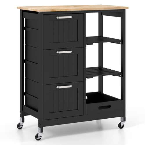 TANGZON Kitchen Storage Trolley on Wheels, Rolling Kitchen Island with Rubber Wood Worktop, Removable Tray, 2 Shelves & 3 Drawers, Utility Serving Cart for Home Dining Room Bar (Black Body)