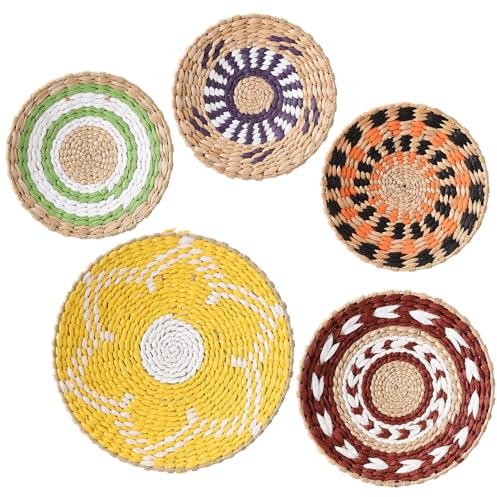 Set di 5 Cestini da Parete Decori Fatti a Mano in Stile Boho Art, Cesto in Tessuto Piatto, Decorazione da Parete, Erba Rotonda, Appeso a Parete, per Soggiorno, Camera da Letto, 7,9-11,8(Multicolore)