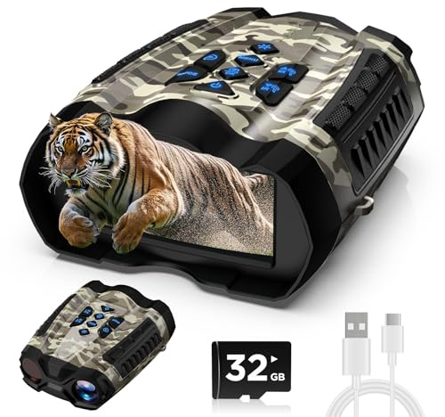 WARMTUYO Night Vision Goggles, 4K Binoculars with Camera, 3.5 HD Display and 32GB TF Card, 9 Gear Night Vision, 10X Digital Zoom, 4000mAh Battery Nightvision