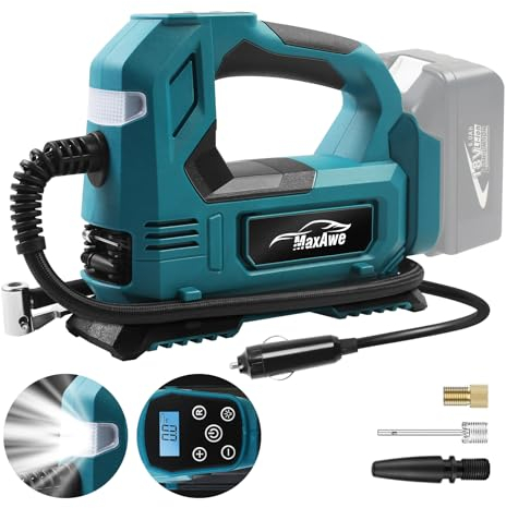 MaxAwe Akku Kompressor für Makita 18V, Elektrische Kabellos Luftpumpe mit Autokabel und 3 Düsen, Tragbarer Reifenfüller mit LED-Licht, für Autos Motorräder Fahrräder Bälle(ohne Akku)