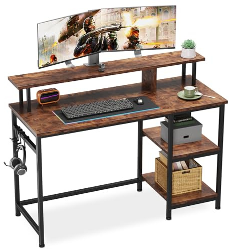 Dripex Schreibtisch, Computertisch mit Monitorständer und Abnehmbarem Regal, Bürotisch für Home Office, Wohnzimmer, Klein PC Gaming Tisch 107x46x95cm, Rustikales Braun