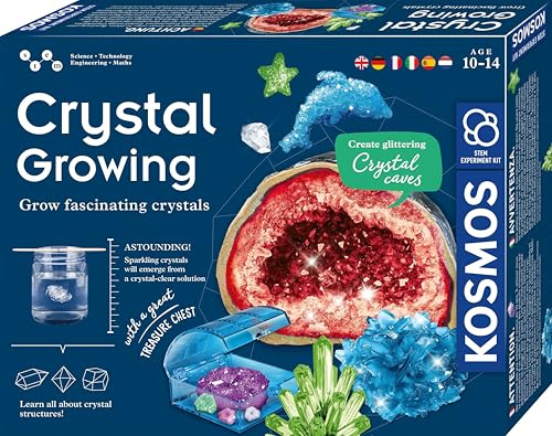KOSMOS 617387 odla kristaller – låt fascinerande kristaller odlas – komplett set, glittrande blixtkristaller, skattkista, dekoration, experimentlåda – barn från 10–14 år, flerspråkig instruktioner