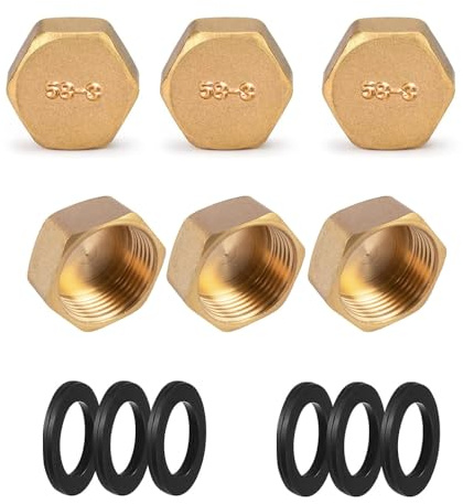 Voarge 6 Blanking Plugs, Brass Cap Hose Caps Hexagonal Drain Preventer with Rubber Washers for Pipe Connection (3/4 Inch)