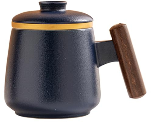 Jarsense Keramik-Teetasse mit Holzstiel, 350 ml Becher mit Teesieb und Deckel, Wasserbecher für Büro, Zuhause (dunkelblau)