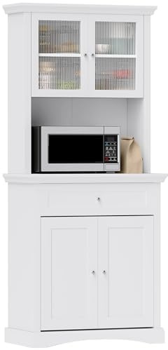 HOMCOM 4-Door Kitchen Cupboard with Drawer, Freestanding Kitchen Cabinet with Glass Doors, Adjustable Shelves and Open Counter, White