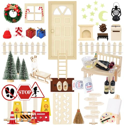 75Pcs Wichtel Zubehör mit Briefe Weihnachten Wichteltür Komplettset, Elfentür Beleuchtet Miniatur Wichtel Baustelle Kamin Staffelei Backset, Wichtelhaus Feentür Zum öffnen adventskalender DIY
