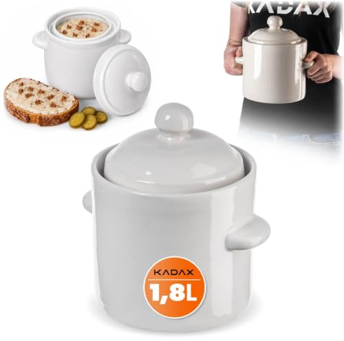 KADAX 1,8L Steinzeugtopf, Dichter Keramiktopf mit Deckel, Spülmaschinenfester Steinguttopf, handgefertigter Gärtopf aus Keramik, Einlegtopf für Gurken und Sauerkraut (Creme)