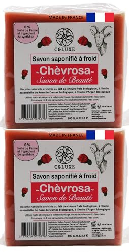 2 Savon au Lait de Chèvre Frais Bio - Saponification à Froid, Parfait pour Eczéma, Psoriasis, Acné - Hydratant et Apaisant, Peau Douce (Senteur Rose de Damas)