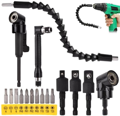 17Pcs Flexible Drill Bit Extension, with 3pcs Rotatable Socket Adapter, 2Pcs Hex Shank 105° Right Angle Drill Attachment, 10pcs Short Screwdriver Bit, 90° Angled Bits and Bendable Drill Bit Extension