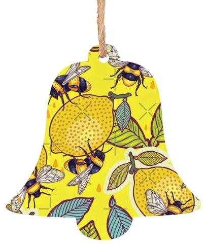 Adornos de madera para árbol de Navidad con estampado de limón amarillo y abeja, etiquetas rústicas para colgar con cuerdas de yute