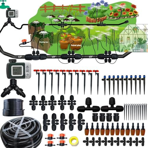 160Ft Drip Irrigation System with Water Timer for Garden, Main Water Hose ID 1/2inch 30Ft, 1/4in 130Ft, Sufficient Water Pressure, Irrigation Dripper Waterflow Evenly, Easy DIY Garden Watering System