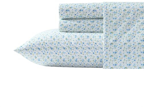 Laura Ashley - Set di biancheria da letto king size, in percalle di cotone super morbido, con federe abbinate, traspirante Essentials (Evie blu, king size)