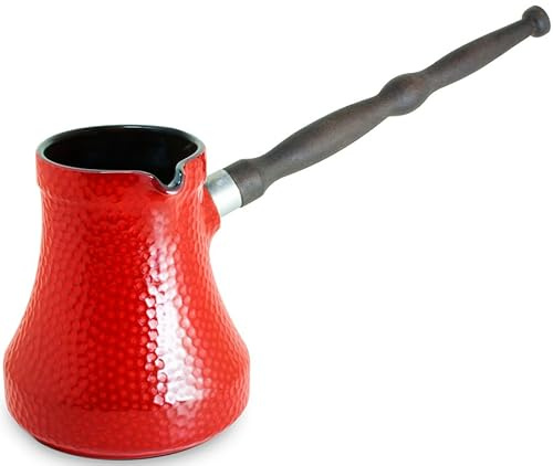 Ceramic Turkish Coffee Pot 500 ml (16.91 oz) Cezve Ibrik Briki Turka Hammered Red Color with Removable Wooden Handle for Gas Electric Hobs
