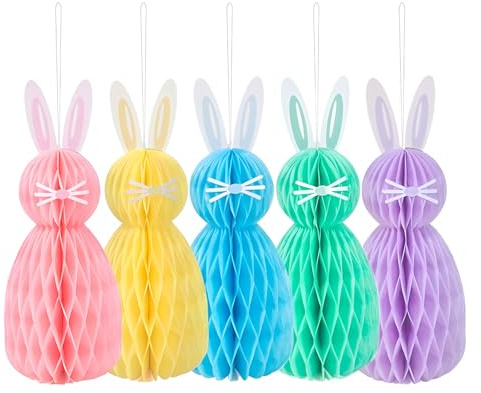5 Pcs Easter Bunny Hanging Decorations, Rabbit Honeycomb Tree Decoration, Easter Pendant Ornaments Set for Party Decor, Wooden Door, Scene, Window, Garden, Table