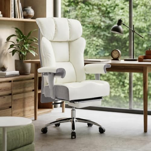 Efomao Ergonomischer Bürostuhl mit hoher Rückenlehne und breiter Sitzfläche | Chefsessel aus PU-Leder mit höhenverstellbaren Armlehnen, Fußstütze, 200 kg Belastbarkeit, Dreh- und Neigungsfunktion