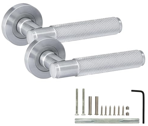 XFORT Titan Lever on Rose Door Handles, Knurled Lever Latch Door Handle, Internal Door Handle Sets for Interior Wooden Doors, Interior Door Handles for Home & Office – Satin Chrome