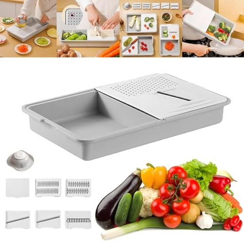 2025 New 6 in 1 Cutting Board with Containers Lids and Graters, Multi-Functional Grater & Drainer Cutting Board, Removable Cutting Board with Tray, Slicer, and Container lid, Suitable for Kitchen use