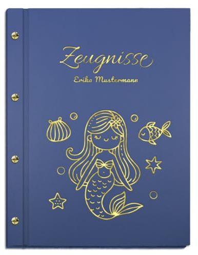 Zeugnismappe Lederoptik blau personalisiert mit Name & Motiv in silber | für Zeugnisse oder Urkunden in DIN A4 - inkl. 12 Sichthüllen - handgefertigt und individualisierbar mit Text und Motiv