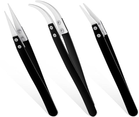 3 Stück Pinzetten Set, Keramik Pinzetten, Nicht Leitend, Hitzebeständig, Antimagnetisch, Elektronik-Lötpinzette, Spitze Gebogene Spitzen für Spulen, Schmuck, Uhrenreparatur, Schwarz