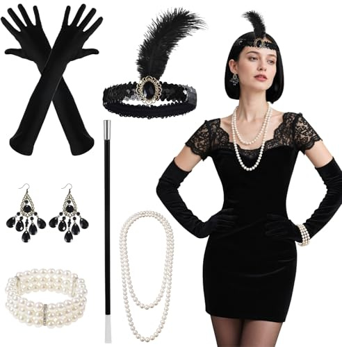 Grevosea 6-pack Great Gatsby-accessoarer för kvinnor, 1920-tals Great Gatsby-tillbehör, med pannband, pärlhalsband, örhängen, handskar, handtillbehör, för bröllopskostym vintage