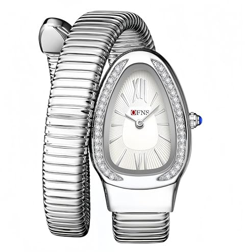 OFNS Snake Watches for Women Luxury Women's Snake Shape Bangle Watch Diamond Quartz Wristwatch Ladies with Roman Numerals Dial (Silver-White)