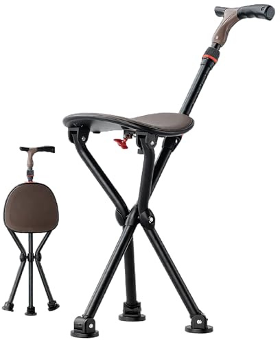 Bastone con Seduta Pieghevole per Anziani e Adulti da Passeggio Bastone Sedia Pieghevole Portatile Struttura in Alluminio Leggera Impugnatura Ergonomica Antiscivolo(Brown)
