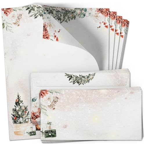 Weihnachtsbriefpapier Set - 10 x Weihnachtspapier A4 mit Umschlägen – Briefpapier Weihnachten mit Umschlag DIN lang, Hygge modern, Papier Kuvert bedruckt