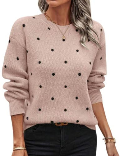 Jumpers for Women UK Crew Neck Polka Dot Long Sleeve Knitted Tops Ladies Casual Elegant Jumper Comfy Soft Pullover Sweaters Autumn Winter Clothing Women's Fashion Pink Plus Size 24-26