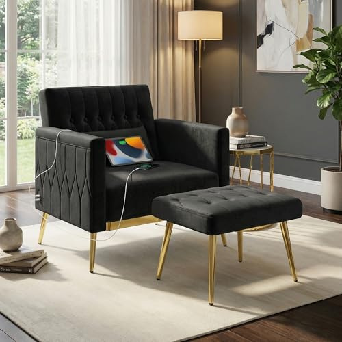 GRAVFORCE Sessel mit Hocker Ohrensessel mit 2 Ladeports Samt Loungesessel mit verstellbare Rückenlehne Schlafsessel belastbar bis 159 kg Relaxsessel fürs Wohnzimmer Fernsehsessel Schwarz