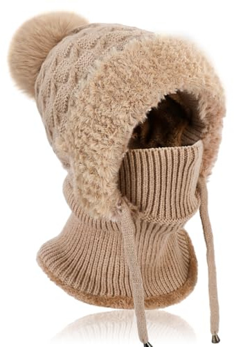 AYPOW Winter Mütze Damen mit Schal Gesichtsmaske, Thermo Strickmütze Balaclava mit Warme Fleecefutter Pompon, Weiches Dicke Beanie WintermüTZE Kapuzenschal Skimütze Hut für Outdoor
