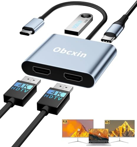 USB C a Dual HDMI Adapter, Hub USB C con Dual HDMI 4K, USB 3.0, PD 100W, Adaptador Multipuerto Compatible con MacBook Pro/Air, DELL, Samsung Galaxy, Surface, HP, Chromebook