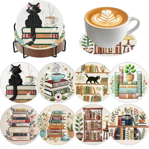 Bafutayawa Diamond Painting Coasters, Diamond Painting Untersetzer, DIY 5D Buchregal Coaster Set mit Halter, Cork Pads für Anfänger & Erwachsene, Bastelbedarf