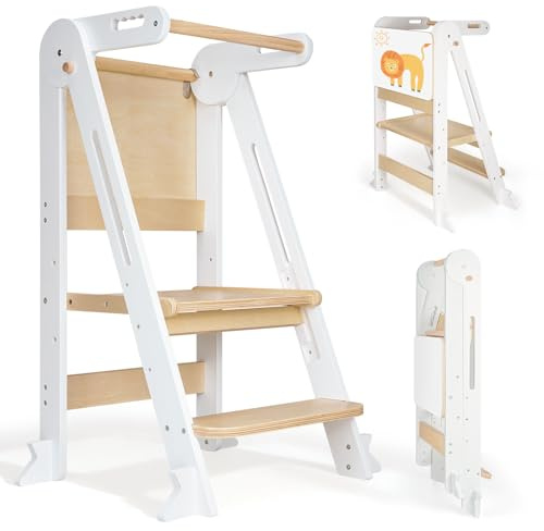 SPYLAVE Lernturm Klappbar, Montessori Learning Tower, Multifunktionaler Lernturm ab 1 Jahr klappbar, Platzsparend und höhenverstellbar, Kippschutz, Naturholz (Weiß)