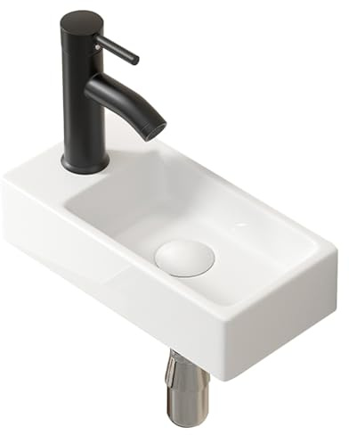 Lavabo in ceramica da parete, piccolo lavabo rettangolare da appoggio, moderno lavandino in porcellana lato sinistro, lavabo bianco per piccoli spazi