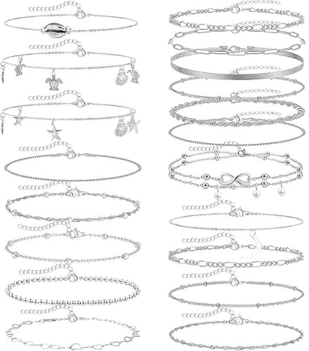 ZXTGBQ 19 Pcs Bracelets De Cheville Pour Femmes ChaîNe De Cheville Argent Grande Taille Plage éTé Cadeau Argent Accessoires De Plage Bijoux De Pied RéGlables Multicouche Bracelet Chevilles Femme