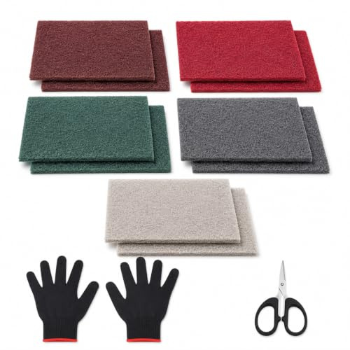 10 Pcs Sanding Pads Scouring Buffing Abrasive Sheets with Gloves Scissors | 150x230mm 5 Grits 600-3000 Reusable No Clean Stainless Aluminium Metal Rust Remover Deburring Pads