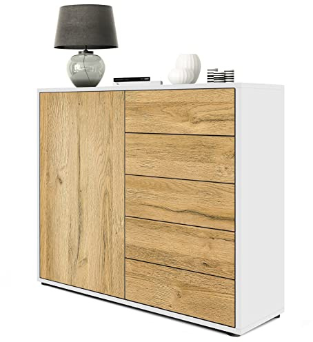 Vladon Sideboard Ben V2, Made in Germany, Kommode mit 1 Tür und 5 Schubladen, Weiß matt/Eiche Natur (79 x 74 x 36 cm)