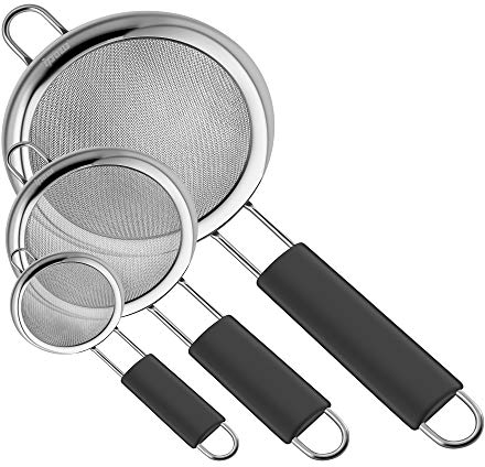Ipow [3 PCS] Colador de alimentos para cocina con asas gruesas antideslizantes de acero inoxidable de malla fina, juego de coladores y tamizadores