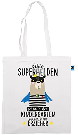 clothinx Erzieher Stoffbeutel mit Spruch - Echte Superhelden gehen in den Kindergarten man nennt sie auch Erzieher - Geschenk Abschied - Bio & Fair Baumwolle lange Henkel