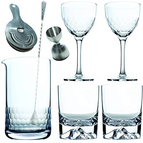 Amehla Cocktail Mixing Glass Bar Kit: 8 Piece Bar Set with Bar Tools and Glasses - Home Mixology Bartending Kit with 2 Mountain Whiskey and 2 Honeycomb Nick and Nora Drinking Glasses + Accessories