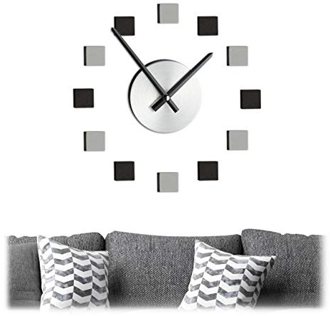 Relaxdays Orologio da Parete Adesivo DIY, da Muro, Grande, Fai da Te, Quadrante Moderno, 3D, da Muro, argeno/Nero/Grigio