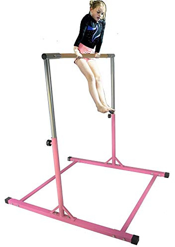 Athletic Bar Expandable Gymnastic Kip Bar Gymnastics Horizontal Bar for Kids - Adjustable Height 3' to 5' - Junior Training Bar, Heavy Duty Gymnastics Tumble Bar (Pink)