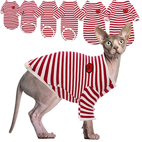 Bomullskläder för hårlös katt, andningsbara sommar-T-shirts med ränder för Sphynx, mjuka stretchbara hudvänliga kattkläder, pyjamas jumpsuit för Sphynx, Cornish Rex, Devon Rex och Peterbald.