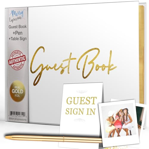 White & Gold Wedding Guest Book w/ Pen & Table Sign - Guestbook Sign in for Reception, Birthday Parties, Bridal or Baby Shower - Gilded Pages, Size 7x9 inches - Blank Left Page for Polaroids