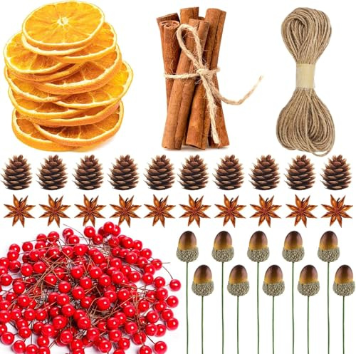 Weihnachtskranz-Dekorationen, künstliche Beeren, Orangenscheiben, getrocknete Früchte, Zimtstäbchen, für Weihnachtskranz, Floristen, Blumendekoration, Basteln, Party, natürlicher Duft, 220 Stück