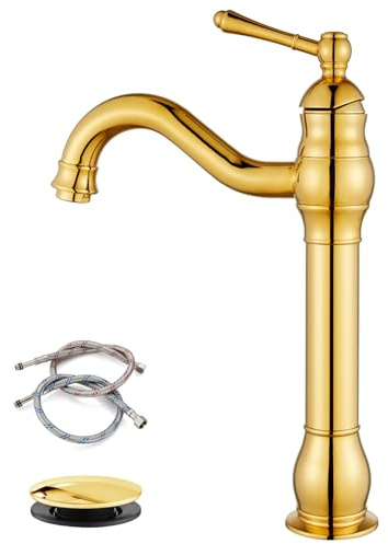 gotonovo Vessel Sink Faucet 360° Swivel Spout Single Handle Tall Bathroom Faucet 1 Hole Farmhouse Lavatory Washbasin Mixer Tap Matching Supply Hoses, with Pop Up Drain, Polish Gold