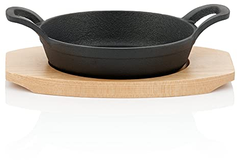 BBQ-TORO Padella da Portata in ghisa con Base in Legno | Ø 16 cm | già stagionata | padelle in ghisa per Grill, Padella da Portata, Padella per Grill, Padella in ghisa. (1)